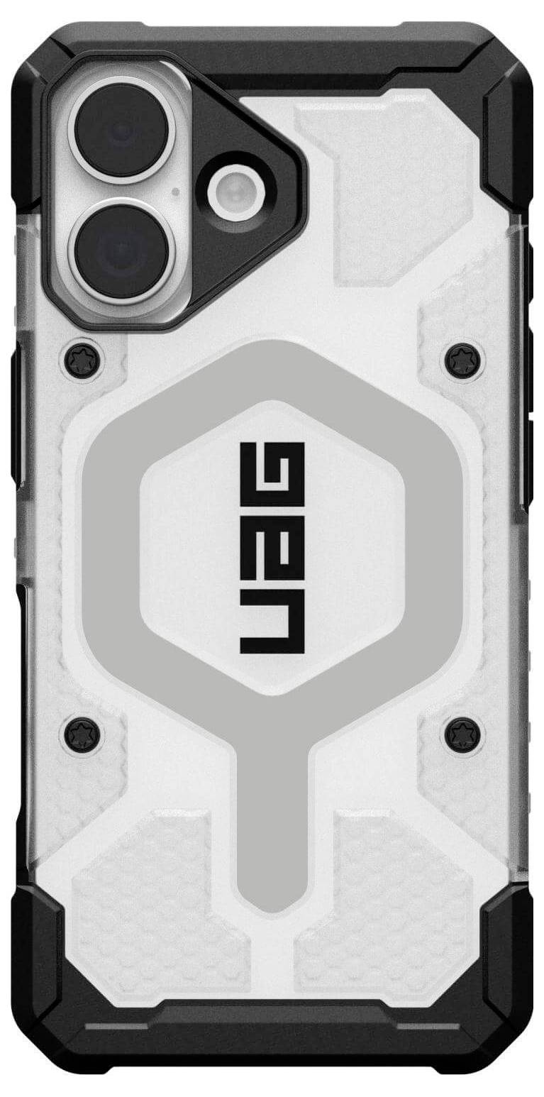 Robustes Handyhülle mit einem weißen und schwarzen geometrischen Design, mit doppelten Kameraaussparungen und dem 'UAG' Logo auf der Rückseite.