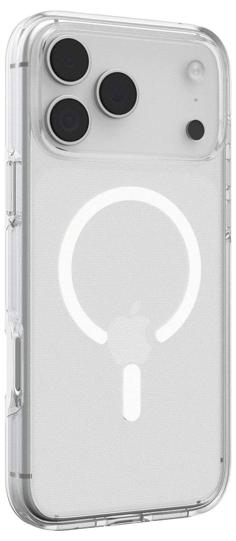 Transparente Handyhülle mit MagSafe-Kompatibilität für iPhone; verfügt über drei Kameraausschnitte und ein dezentes Apple-Logo, entwickelt für optimalen Schutz.