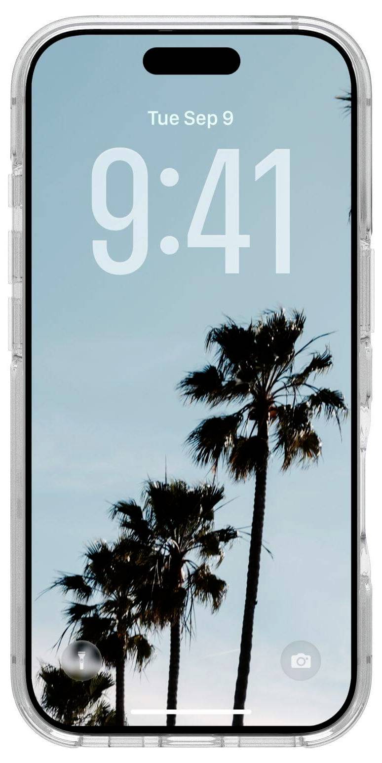 Smartphone-Display zeigt die Zeit '9:41' am 9. September vor einem Hintergrund von hohen Palmen vor blauem Himmel.