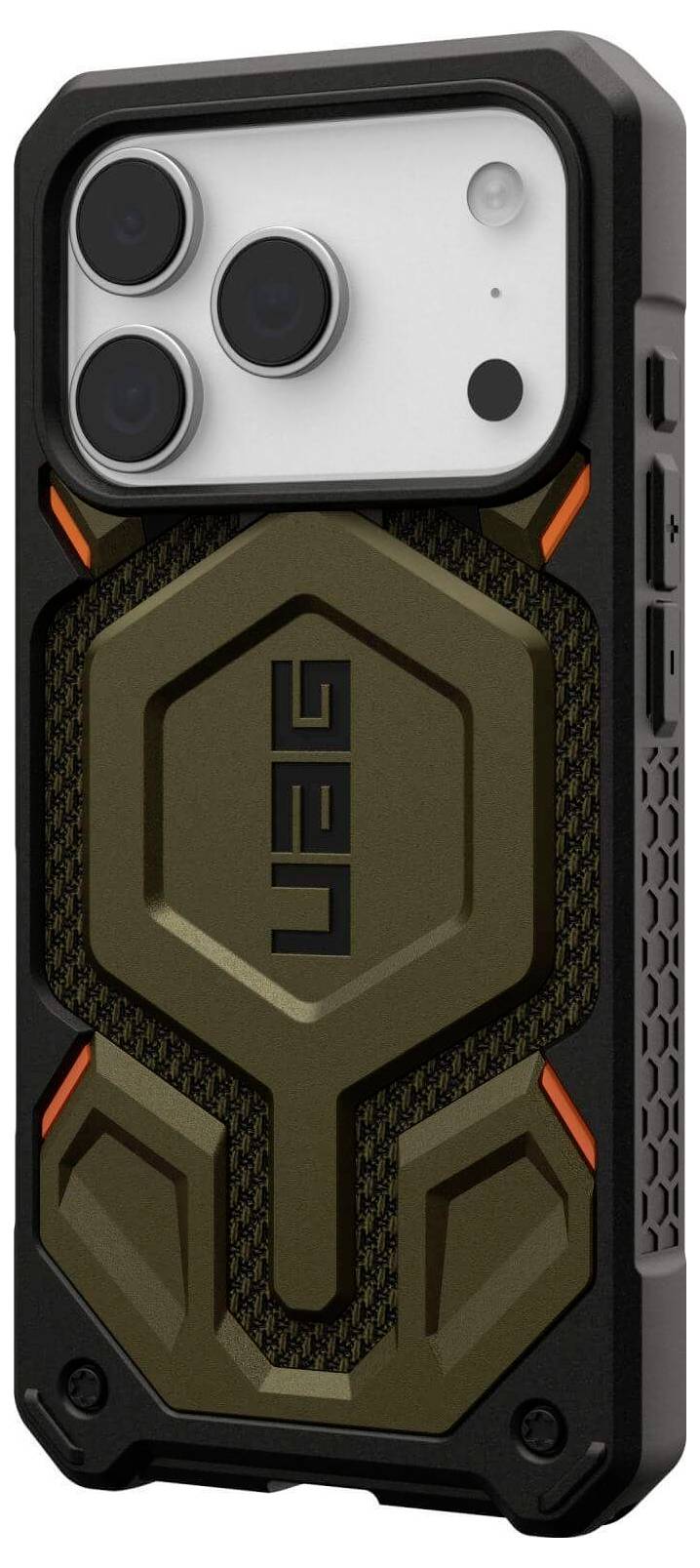 Robuste Smartphone-Hülle mit einem sechseckigen Muster, verstärkten Ecken und schwarzen sowie bronzefarbenen Akzenten für ein modernes, stabiles Design.