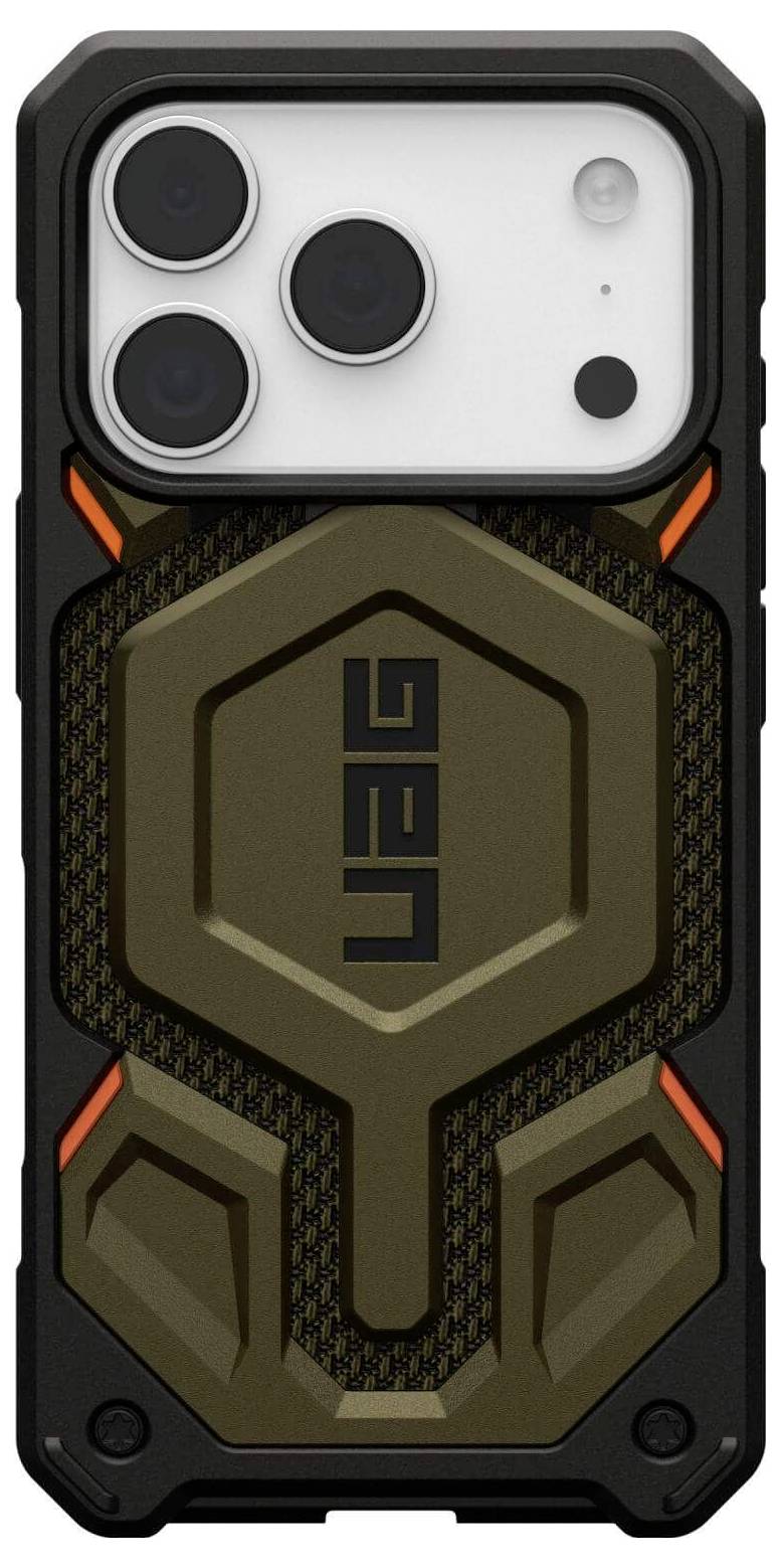 Ein robustes Smartphone-Gehäuse mit geometrischem Design, erhabenen Mustern und orangefarbenen Akzenten, speziell entwickelt für strapazierfähigen Schutz.