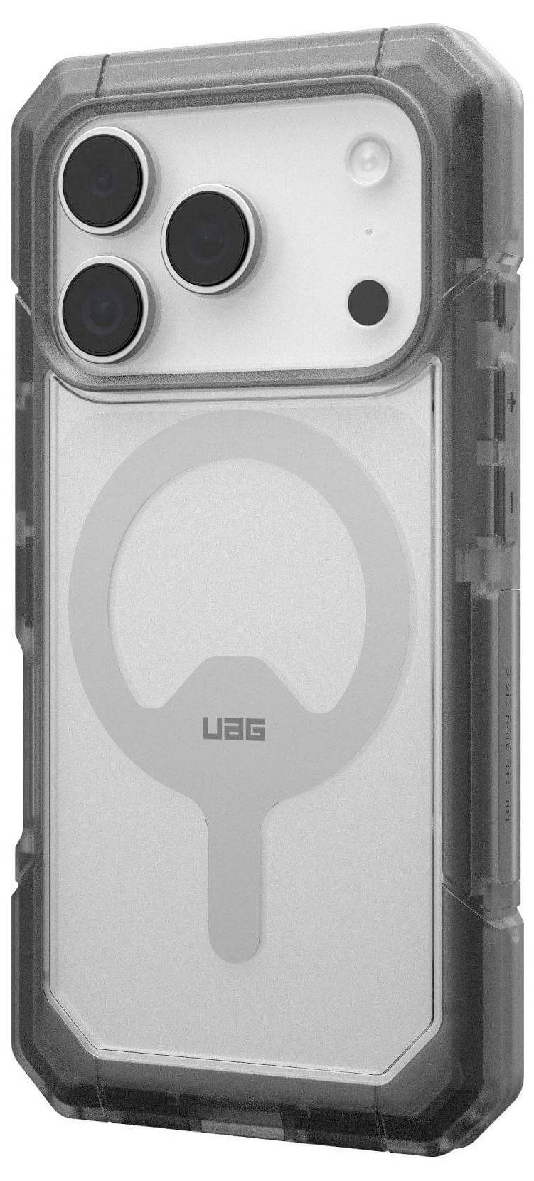 Ein Smartphone mit einem robusten, transparenten Gehäuse, ausgestattet mit drei Rückkameras und einem kreisförmigen magnetischen Ring.