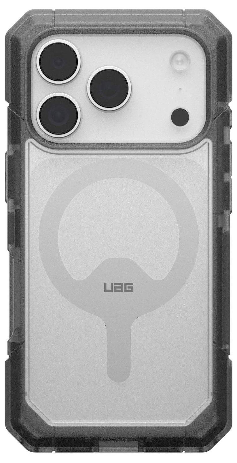 Eine durchsichtige Smartphone-Hülle mit schwarzen Kanten, die ein UAG-Logo und einen blassen kreisförmigen MagSafe-Umriss auf der Rückseite aufweist.
