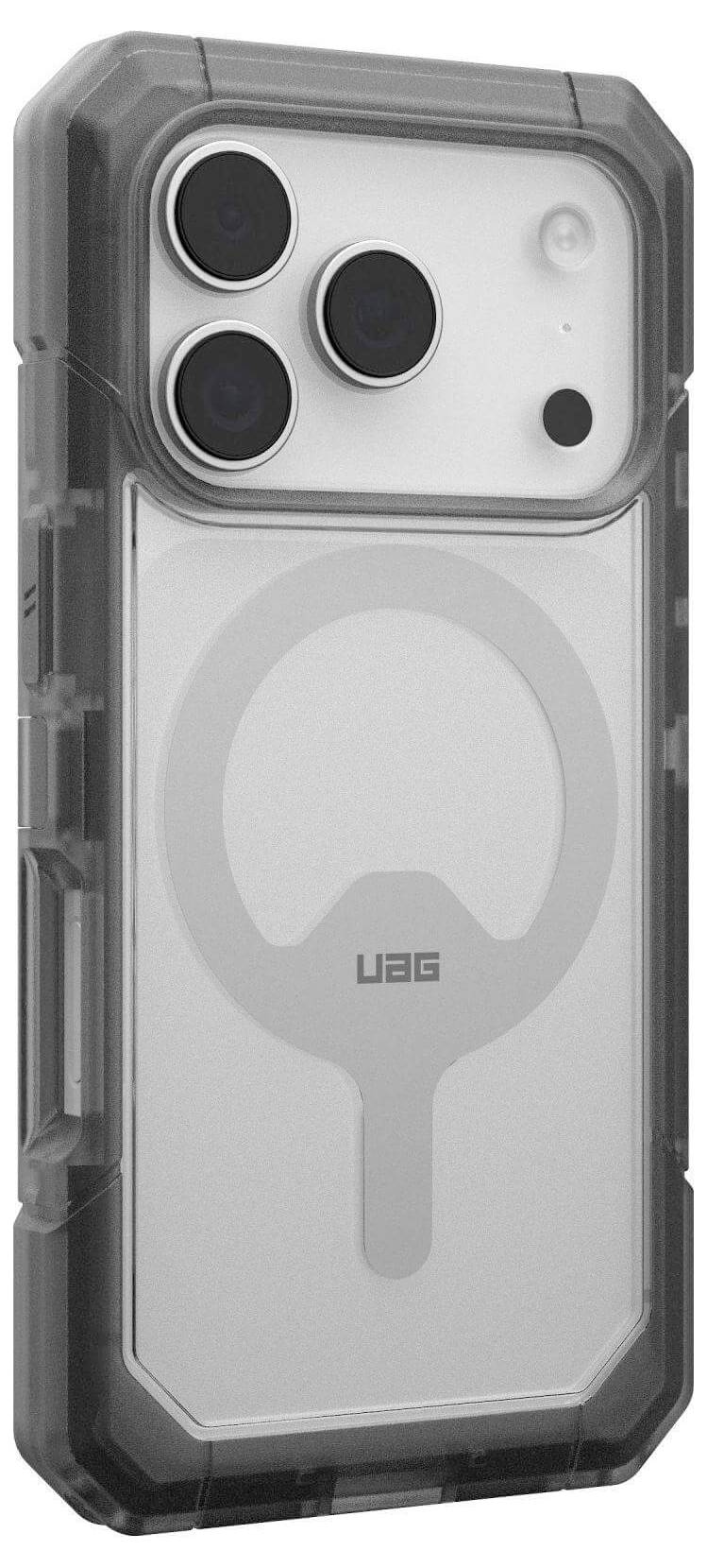 Eine transparente Handyhülle mit einem MagSafe-Ring, versehen mit verstärkten Ecken und drei Kameraausschnitten für ein Smartphone.
