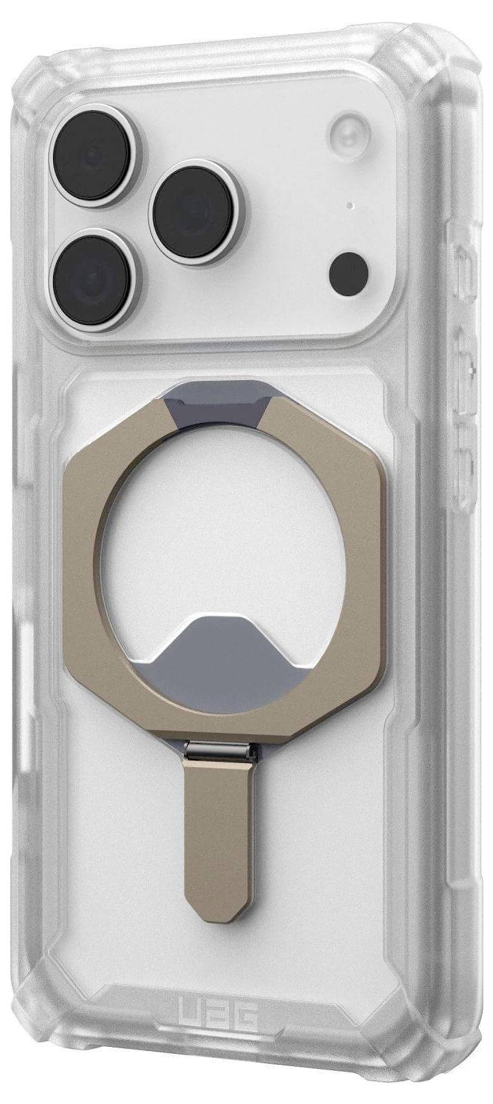 Eine transparente, robuste Handyhülle mit einem metallfarbenen Ringhalter an der Rückseite, entwickelt für verbesserten Griff und Schutz.