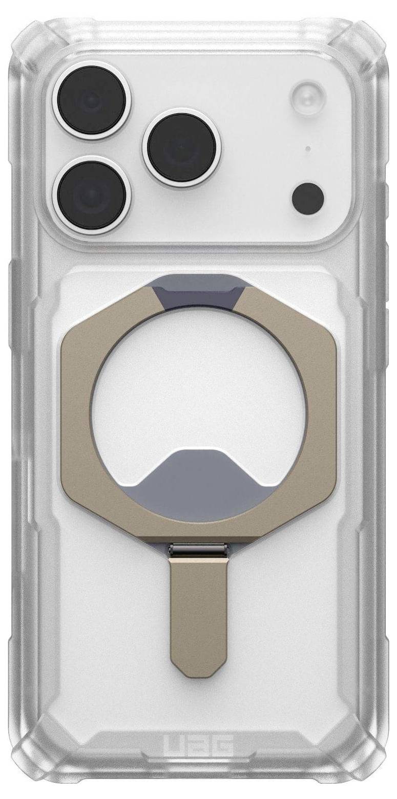 Eine transparente Handyhülle mit drei Kameraobjektiven, ausgestattet mit einem metallischen Ringhalter an der Rückseite für einen verbesserten Griff.