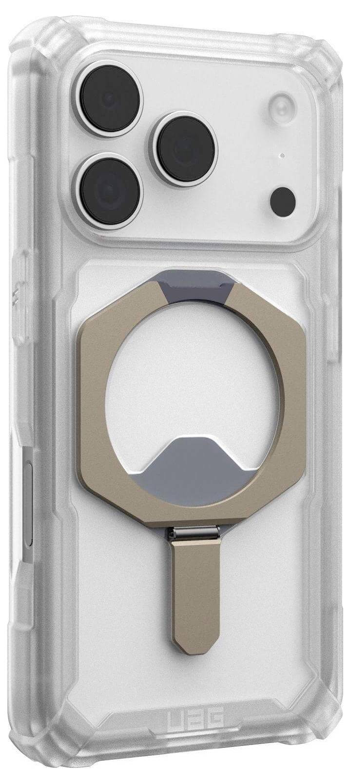 Eine transparente Handyhülle mit einem metallfarbenen Ringhalter an der Rückseite, die entwickelt wurde, um ein Smartphone zu schützen und eine handfreie Nutzung zu unterstützen.