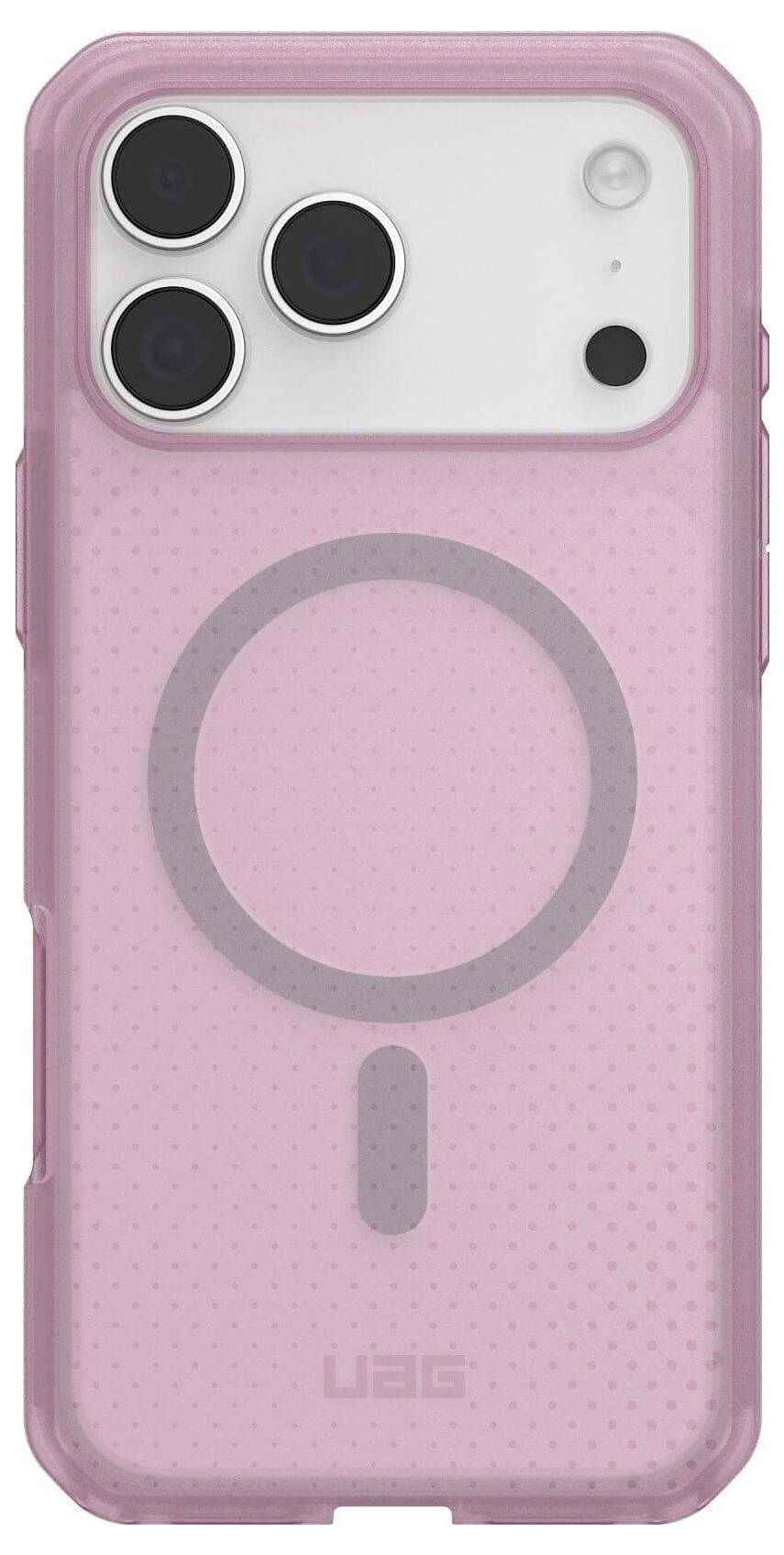 Eine rosa Handyhülle mit einem kreisförmigen Design in der Mitte, die drei Kameraobjektiv-Aussparungen und ein Markenlogo in der Nähe des unteren Randes aufweist.