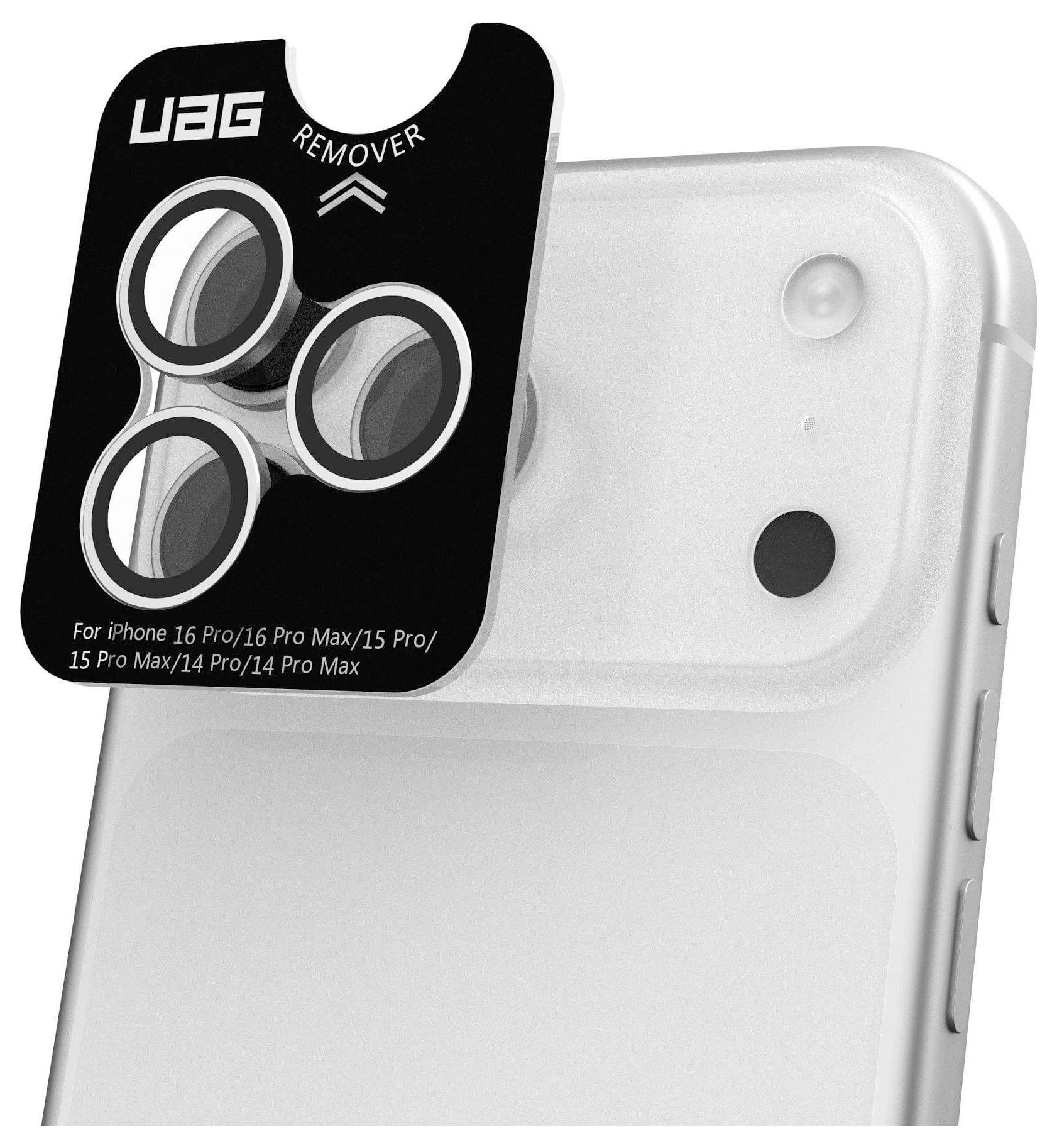 Ein weißes Smartphone mit einer schwarzen Kameraobjektiv-Abdeckung, die mit der Aufschrift "UAG REMOVER" versehen ist und Kompatibilität für bestimmte iPhone-Modelle anzeigt.