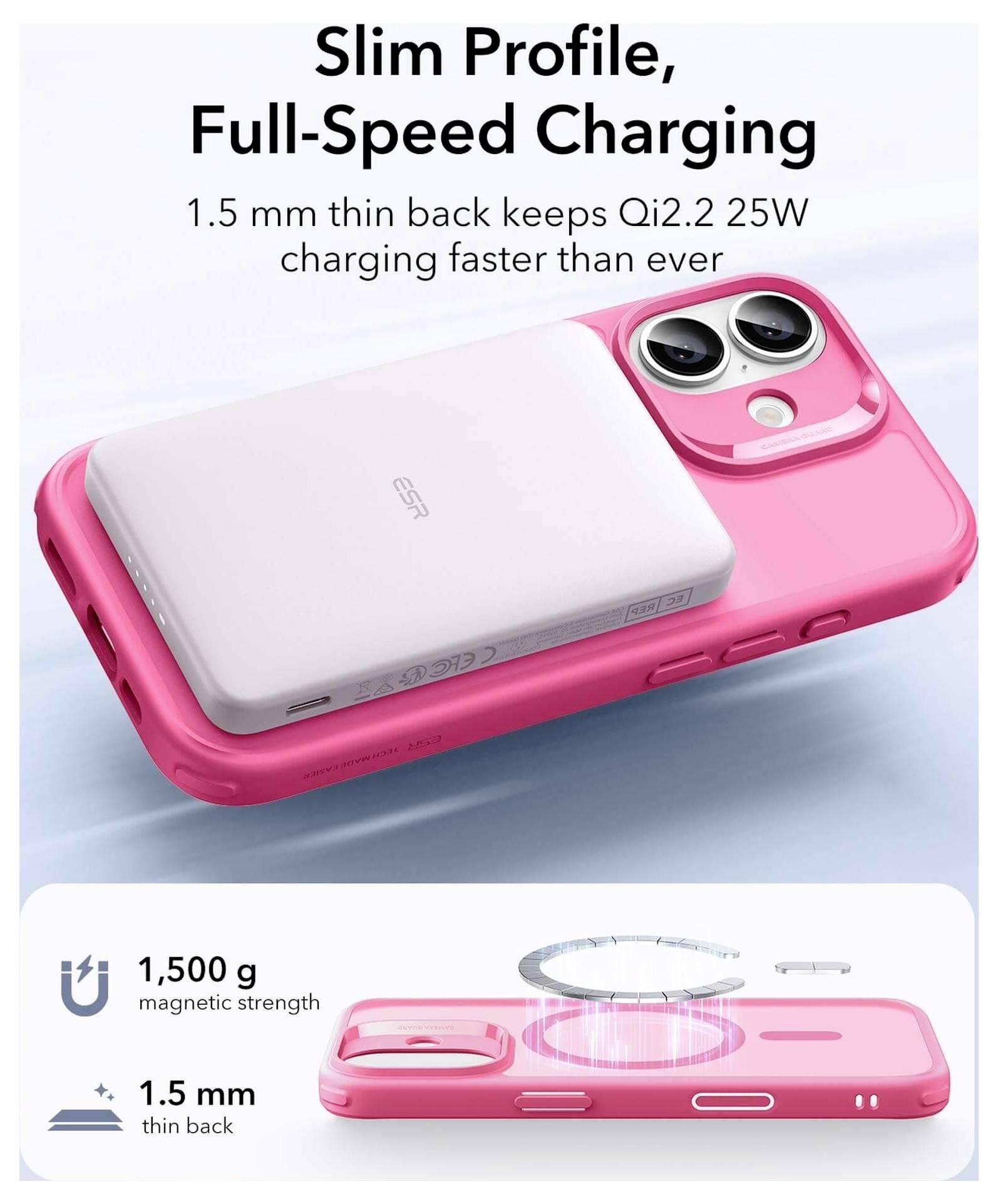 Bild zeigt ein rosa Telefon mit einer schlanken Powerbank auf der Rückseite. Text lautet: Schlankes Profil, Laden mit Höchstgeschwindigkeit. 1,5 mm dünne Rückseite, 1.500 g magnetische Haftung.