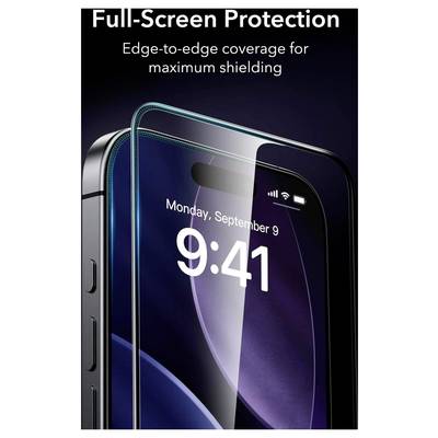 Smartphone geschützt von einer transparenten Displayschutzfolie. Text liest sich: 'Vollbildschutz: Kantenlange Abdeckung für maximale Sicherheit.'