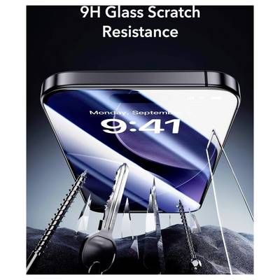 Ein Smartphone mit gebogenem Bildschirm zeigt 'Montag, 9. September, 9:41'. Verschiedene scharfe Objekte demonstrieren die Kratzfestigkeit seines 9H-Glases.