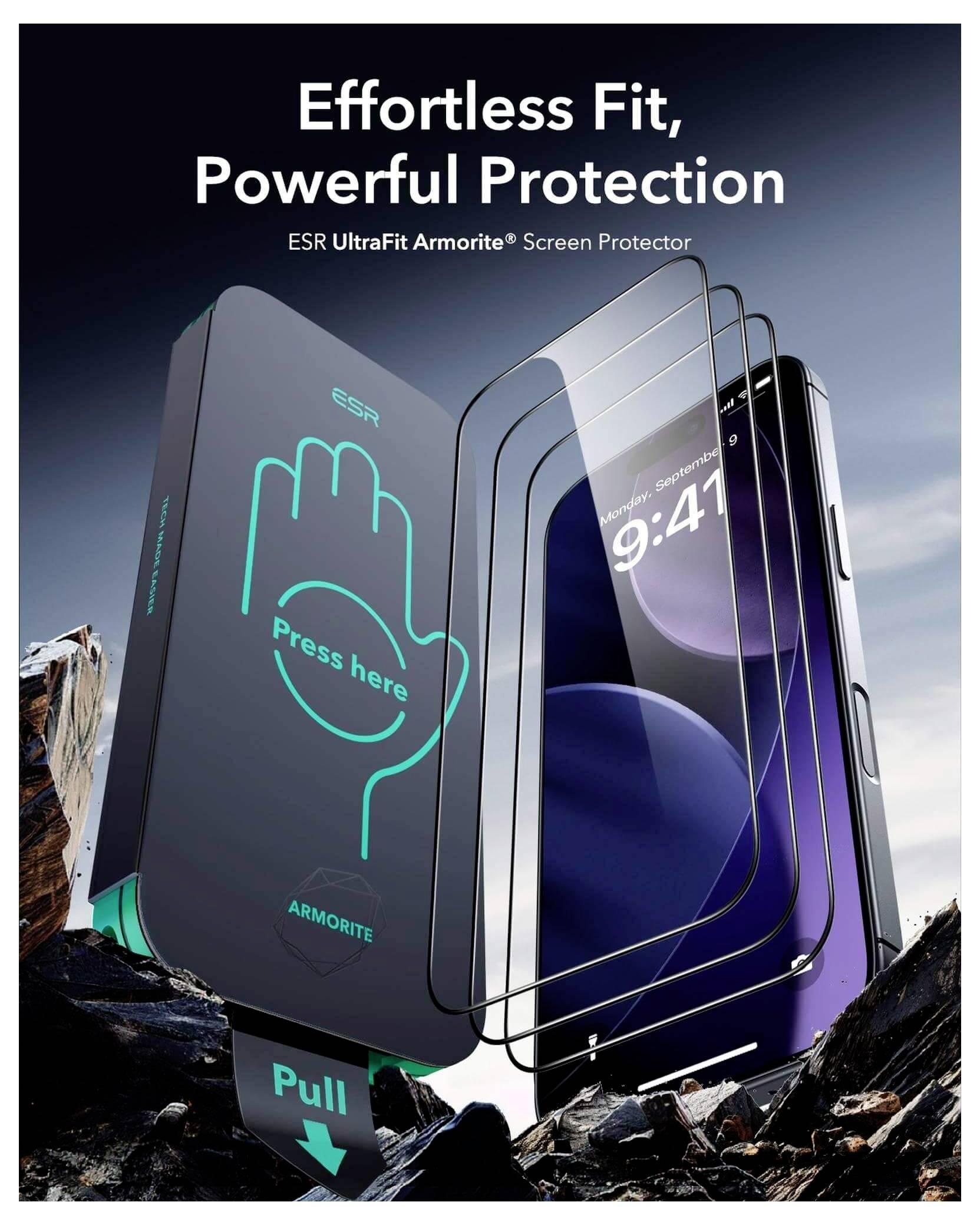 ESR UltraFit Armorite Displayschutz Verpackung, zeigt Installationsabfolge über einem Smartphone mit dem Text „Mühelose Passform, Kraftvoller Schutz".