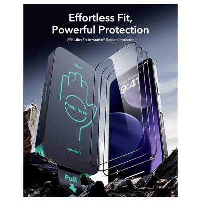 ESR UltraFit Armorite Displayschutz Verpackung, zeigt Installationsabfolge über einem Smartphone mit dem Text „Mühelose Passform, Kraftvoller Schutz".