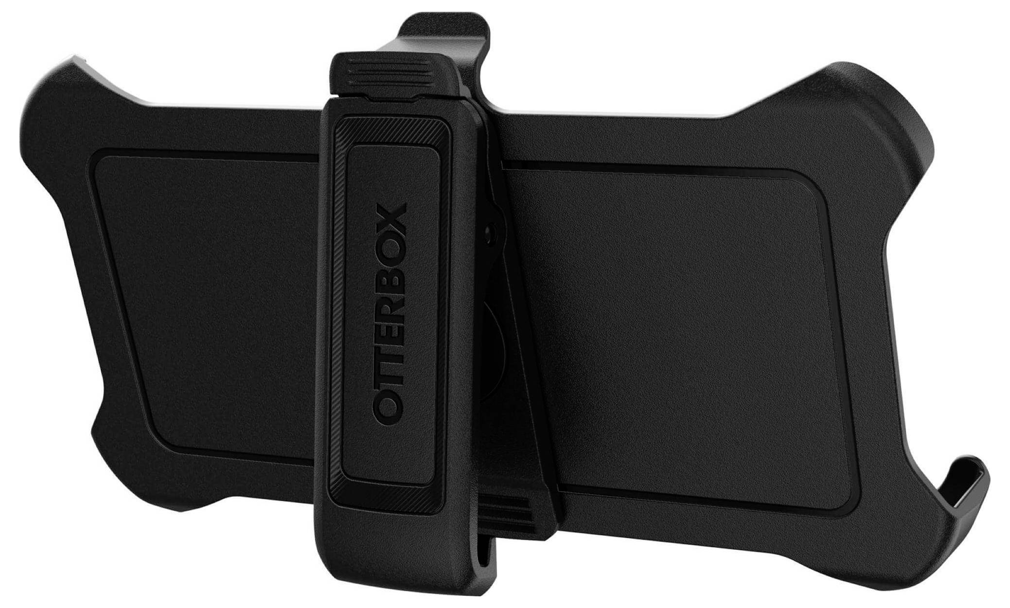 Ein schwarzes Telefonholster mit Clip, markiert mit 'OtterBox', das dazu dient, ein Gerät sicher zu halten.