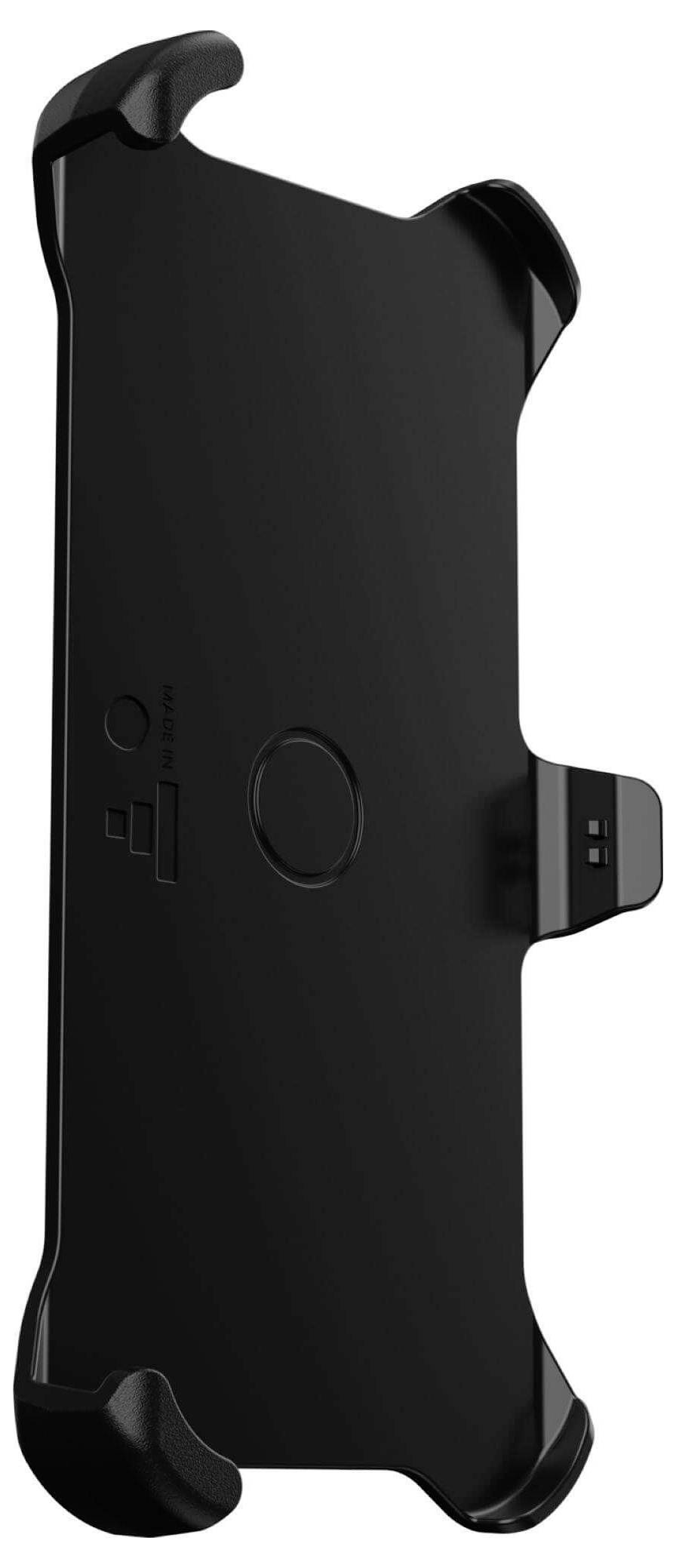 Schwarzer Smartphone-Halter mit Klemmdesign, versehen mit abgerundeten Ecken und einer zentralen Vertiefung für eine sichere Gerätepositionierung.