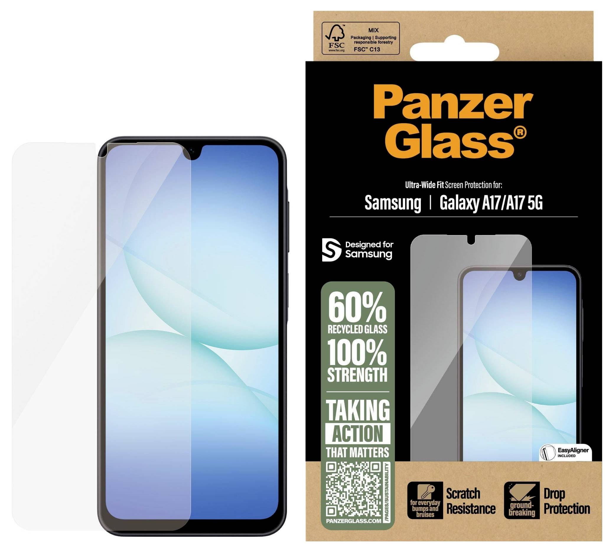 Bild eines Smartphones mit einem Displayschutz neben seiner Verpackung. Die Schachtel hebt '60% recyceltes Glas' und '100% Festigkeit' hervor.