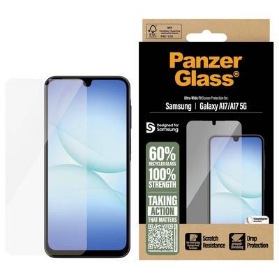 Bild eines Smartphones mit einem Displayschutz neben seiner Verpackung. Die Schachtel hebt '60% recyceltes Glas' und '100% Festigkeit' hervor.