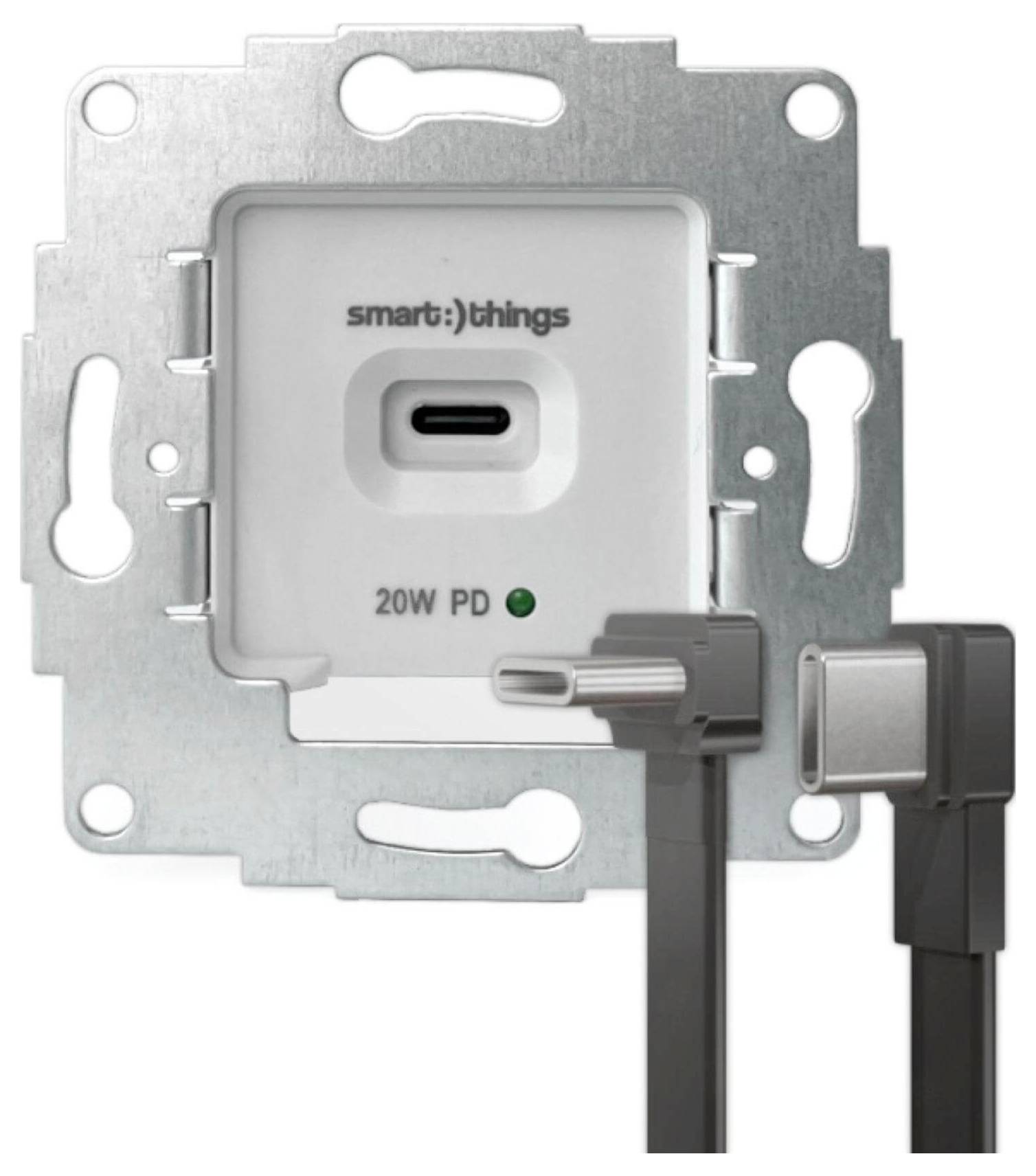 Eine wandmontierte USB-C-Steckdose mit der Aufschrift „smart:)things" und 20W PD-Ladekapazität, ausgestattet mit einem angeschlossenen USB-C-Kabel.