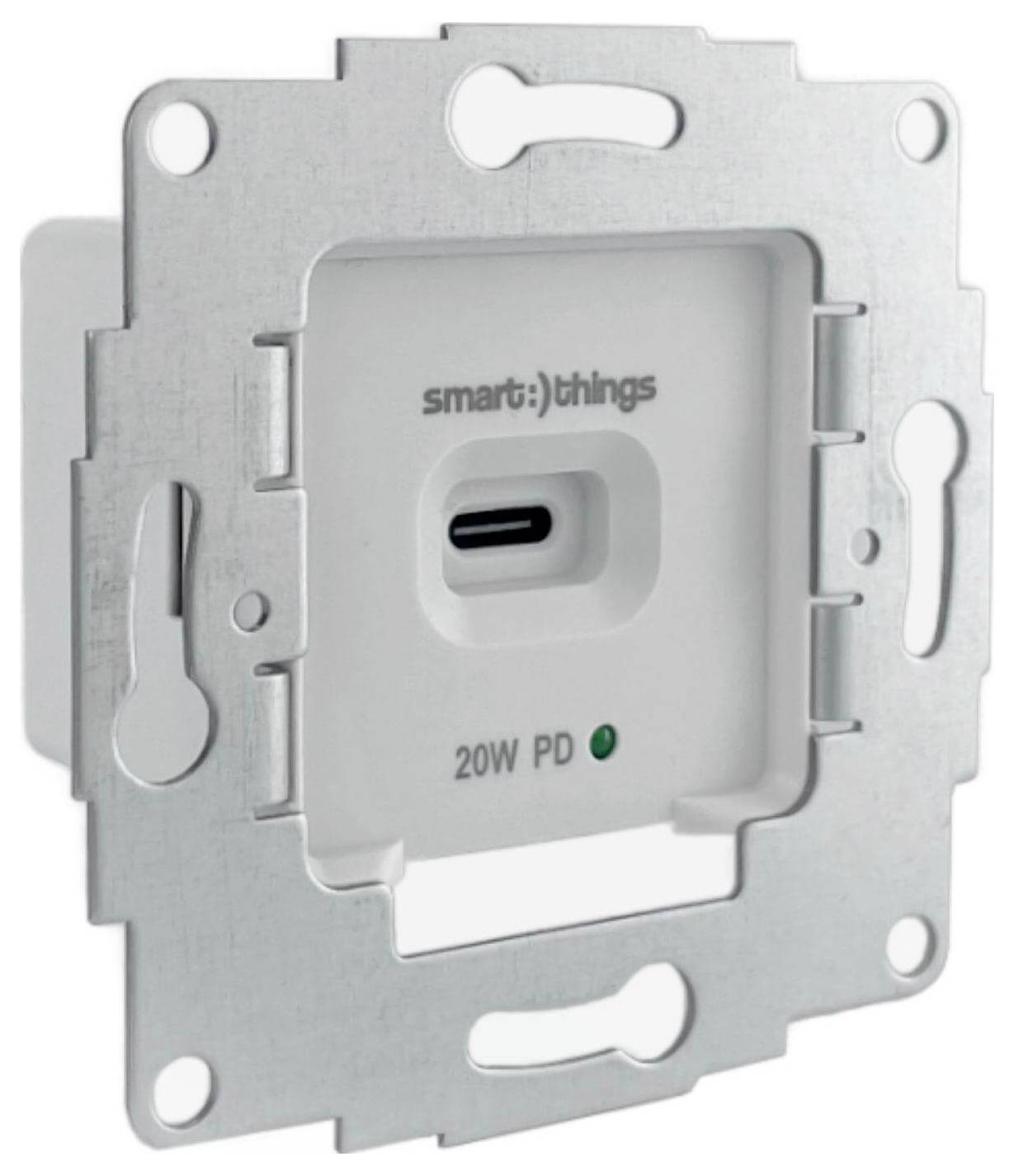Ein wandmontierbares USB-C-Ladegerät mit der Aufschrift "smart:)things", das 20W Power Delivery unterstützt. Es hat einen metallfarbenen Rahmen und einen einzelnen Ladeanschluss.