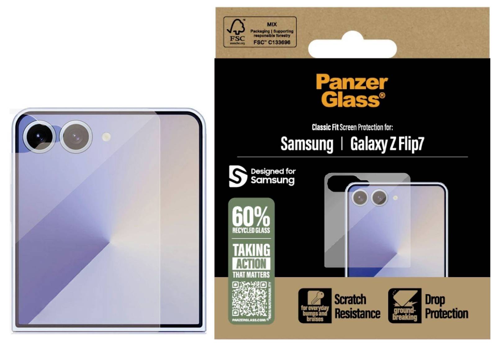 Panzer Glass Displayschutz für Samsung Galaxy Z Flip 7 in der Verpackung neben einem Handy mit reflektierendem geometrischem Rückendesign.