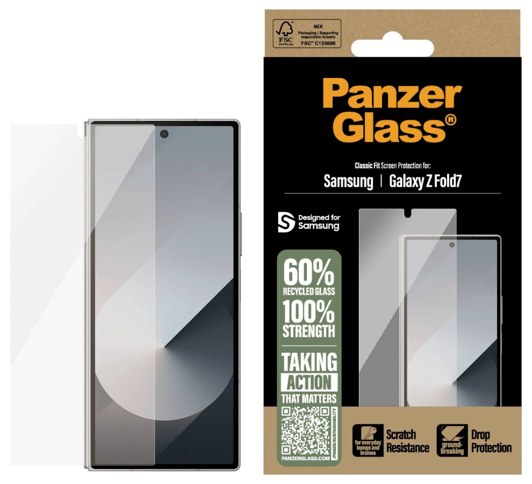 PanzerGlass Displayschutz für Samsung Galaxy Z Fold 4 neben seiner Verpackung präsentiert, wobei 60% recyceltes Glas und Kratzfestigkeit hervorgehoben werden.