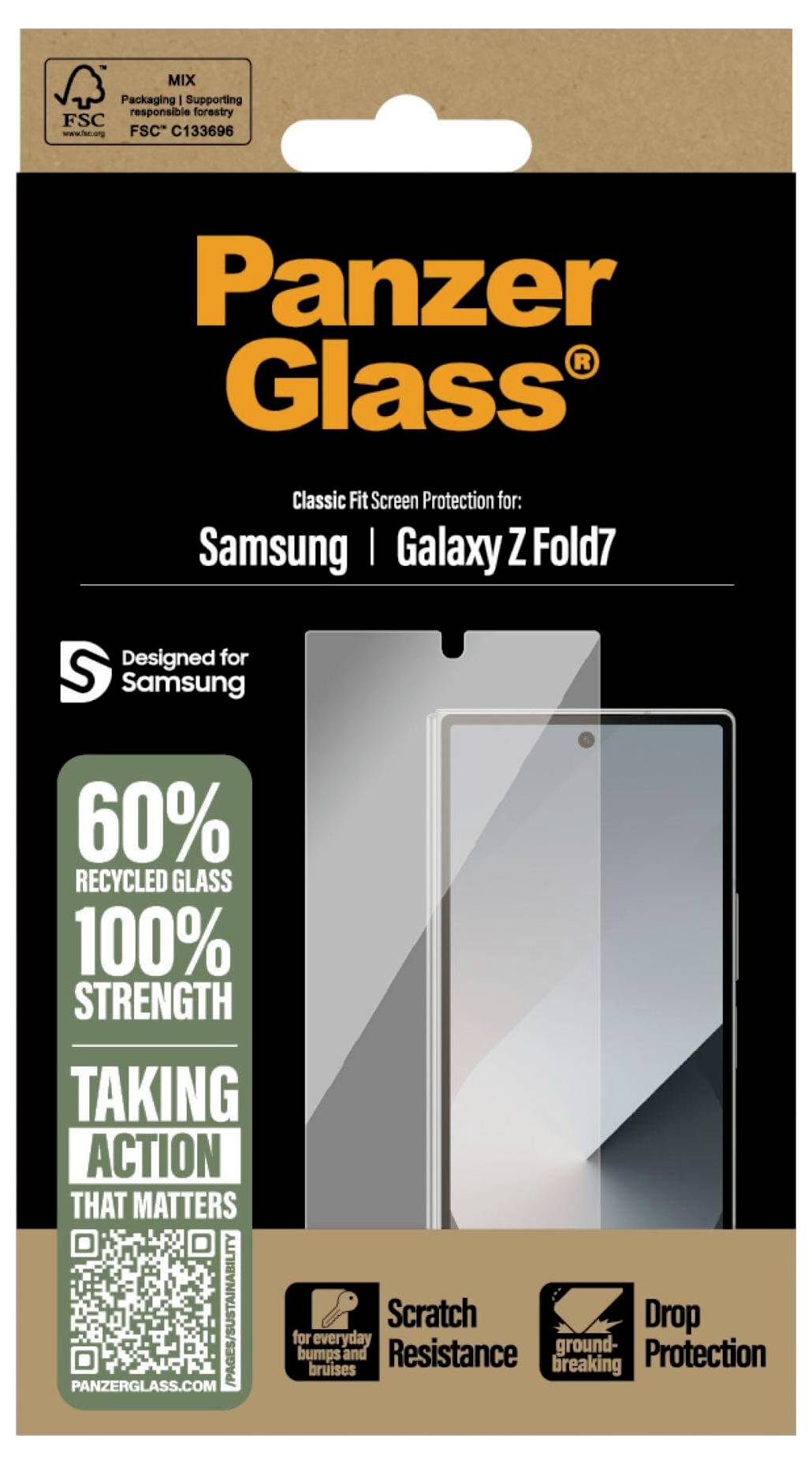 Frontansicht der PanzerGlass-Verpackung für Samsung Galaxy Z Fold7, mit Hervorhebung von 60% recyceltem Glas, Fallschutz und Kratzfestigkeit.