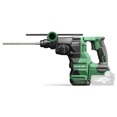 Eine grüne und schwarze HiKOKI Akku-Schlagbohrmaschine mit einem langen Bohrer, die von der Seite zu sehen ist.