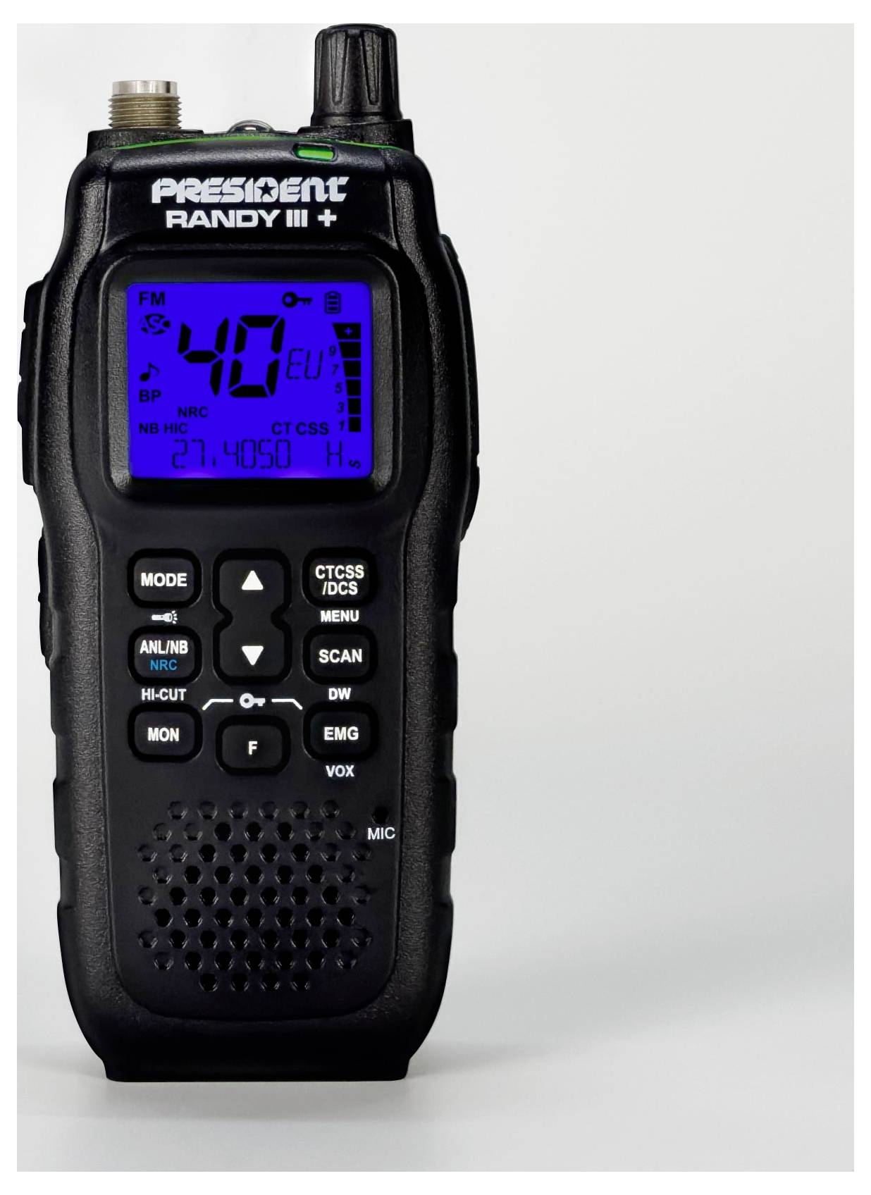 Eine schwarze tragbare Funkgerät mit einem blau beleuchteten Display, auf dem '40' und verschiedene Bedienungstasten wie Modus, Scan und Lautstärke zu sehen sind.
