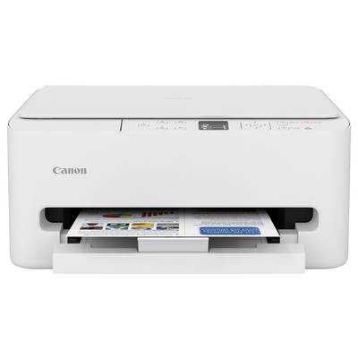 Ein Canon-Drucker mit einer gedruckten Seite, die Diagramme und farbige Grafiken zeigt, die aus dem Druckfach herausragen und seine Farbdruckfähigkeit hervorheben.