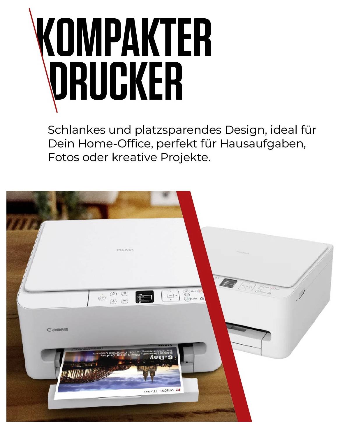 'Kompakter Drucker: Schlankes und platzsparendes Design, ideal für Home-Office, Hausaufgaben, Fotos oder kreative Projekte.'