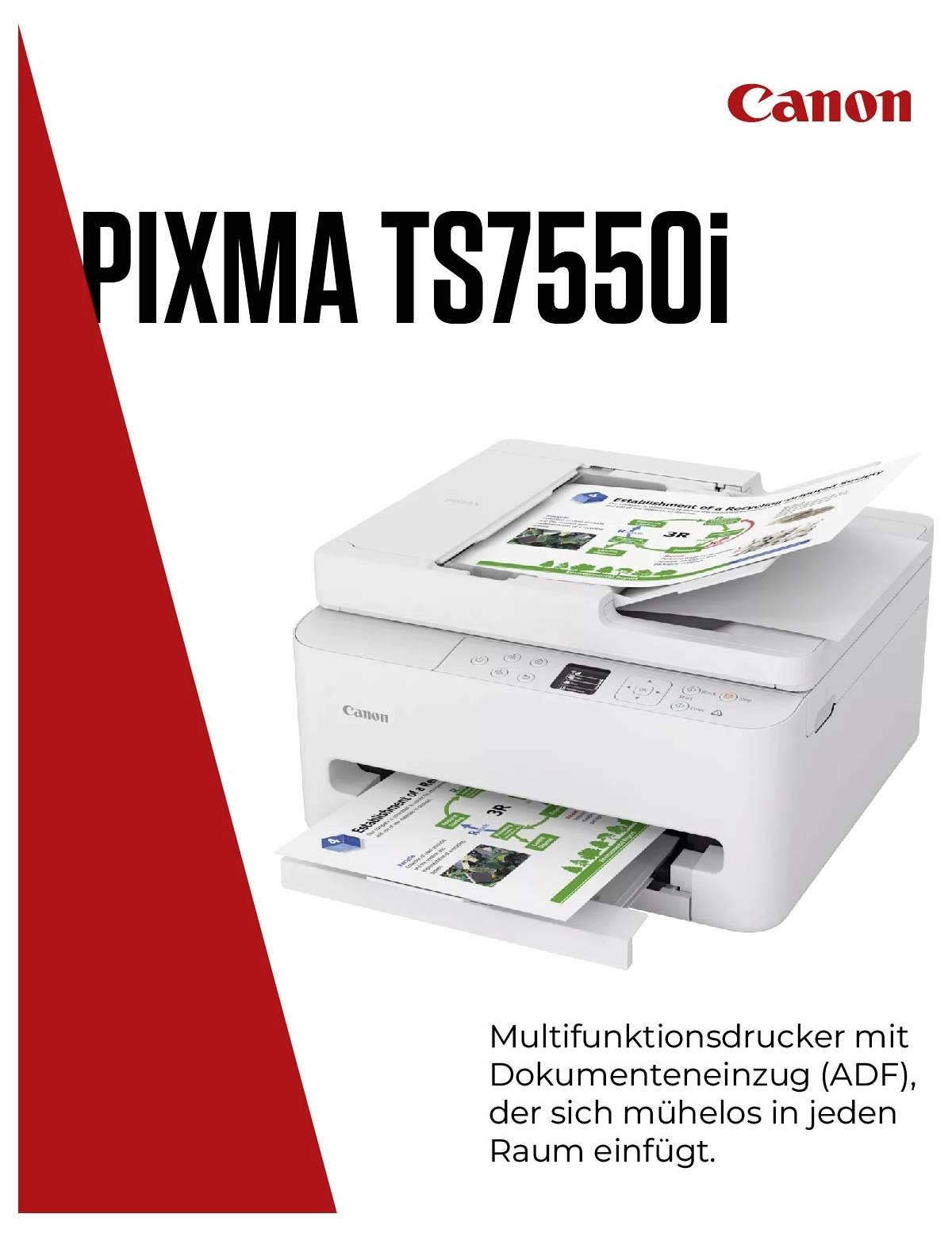 Multifunktionsdrucker Canon PIXMA TS7550i mit Dokumenteneinzug (ADF), weiß, auf weißem Hintergrund gezeigt.