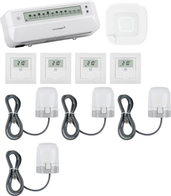 Homematic IP  Starterkit Fußbodenheizung, Access Point, Stellantrieb, Wandthermostat   HmIP-HAP2+HmIP-WTH-1+HmIP-VDMOT+HmIP-FALMOT-C12 - 4er Set