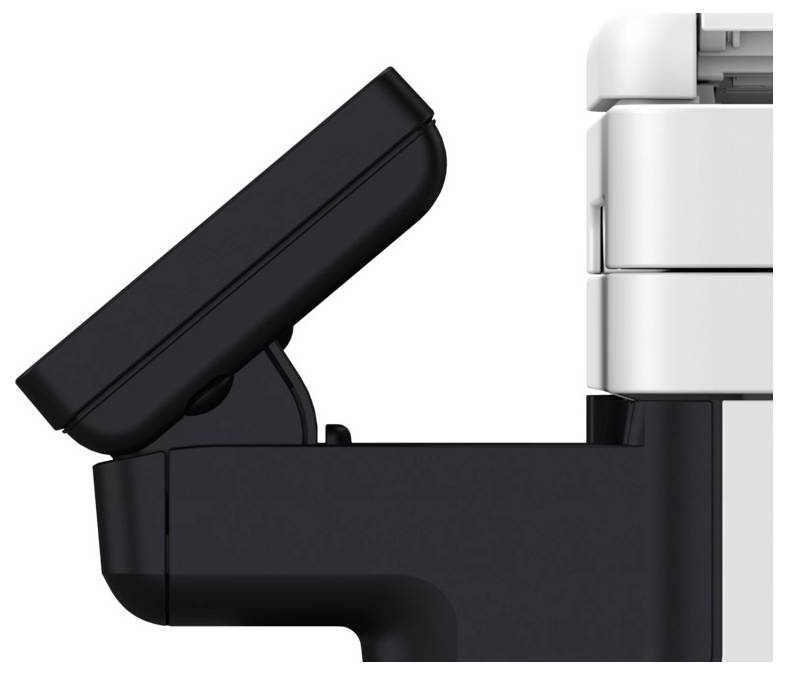 Eine Nahaufnahme eines modernen Druckers mit einer nach oben geneigten Touchscreen-Schnittstelle, die elegante schwarz-weiße Designelemente zeigt.