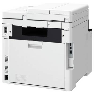 Ein weißer Multifunktionsdrucker mit einem Flachbettscanner auf der Oberseite, versehen mit Anschlüssen und Tasten an der Seite für Konnektivität und Bedienung.