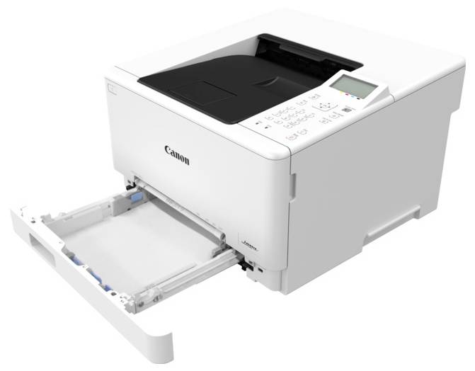 Ein weißer Canon-Laserdrucker mit geöffneter Papierschublade, der Bedienfeld und Display zeigt, entwickelt für Büro- oder Heimgebrauch.