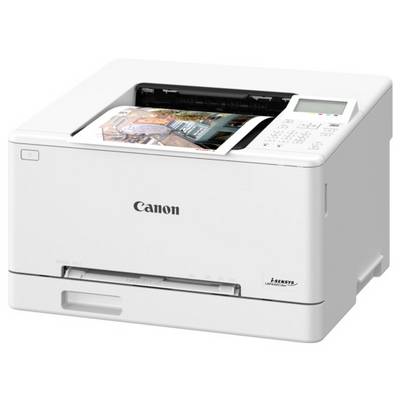 Ein weißer Canon-Drucker druckt ein farbiges Dokument. Das Drucker-Modell ist ‚i-SENSYS' und verfügt über ein kleines Display mit Tasten.
