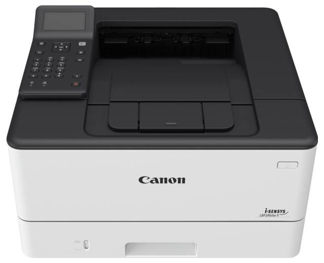 Canon i-SENSYS LBP253x Laserdrucker, schwarz-weiß, Frontansicht, mit Bedienfeld oben links.