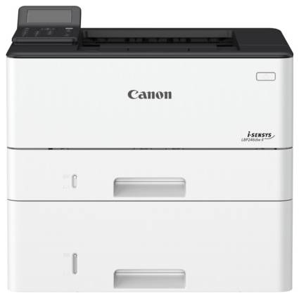 Ein weißer Canon i-SENSYS Drucker mit doppelten Papierfächern, Modell LBP236dw, wird vor einem einfarbigen Hintergrund gezeigt.