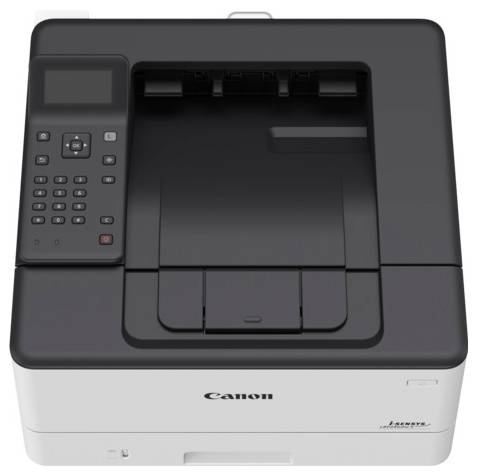 Eine schwarze und graue Canon-Drucker, von oben betrachtet, mit Bedienfeld mit Tasten und Display auf der linken Seite.