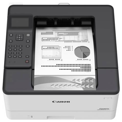 Ein Laserdrucker mit Bedienfeld und ein gedrucktes Dokument mit Diagrammen und Grafiken sind zu sehen.