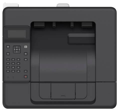 Ein schwarzer Bürodrucker mit Tastatur und Display auf der linken Seite, mit einem zentralen Papierzuführschlitz und einem Ausgabefach.