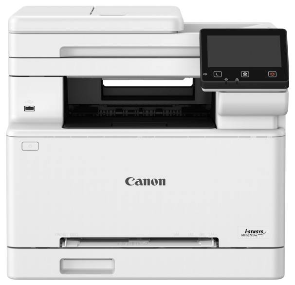 Ein weißer Multifunktions-Drucker von Canon mit Bedienfeld rechts, geeignet für Bürogebrauch.