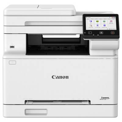 Ein weißer Canon-Drucker mit einem Touchscreen-Display, das Symbole zum Drucken und für Einstellungen zeigt. Er verfügt über ein Papierfach am unteren Ende.