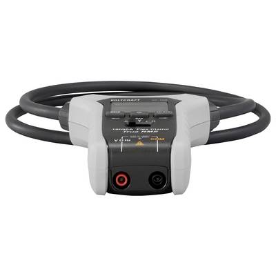 Ein Voltcraft Flex-Zangenamperemeter mit gewickeltem schwarzem Kabel, ausgestattet mit zwei Eingangsbuchsen, die mit VΩHz und COM beschriftet sind, entwickelt für elektrische Messungen.