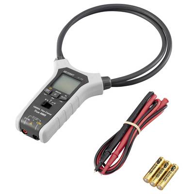 Ein digitales Zangenamperemeter mit zwei Messleitungen und drei AA-Batterien. Das Gerät misst Spannung, Stromstärke und andere elektrische Parameter.