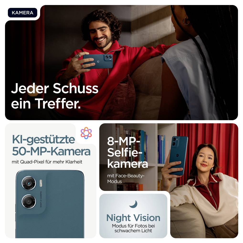 Bild mit Personen, die ein Smartphone in der Hand halten. Text beschreibt Merkmale: 'KI-gestützte 50-MP-Kamera', 'Night Vision', '8-MP-Selfiekamera'.