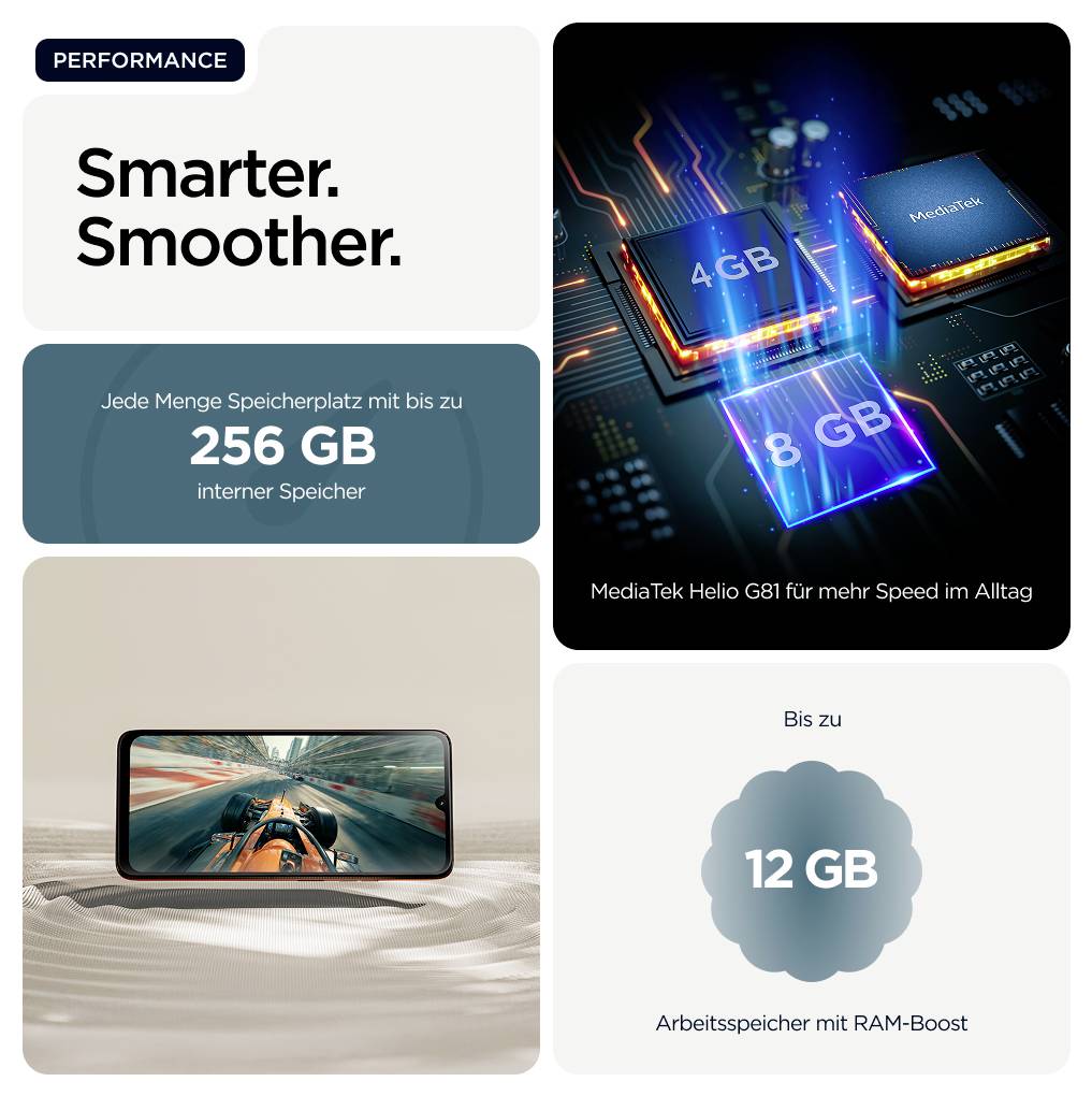 'Performance: Smarter. Smoother.' zeigt 4GB und 8GB MediaTek-Prozessor, 256GB Speicher und bis zu 12GB RAM-Boost mit Telefonbild.