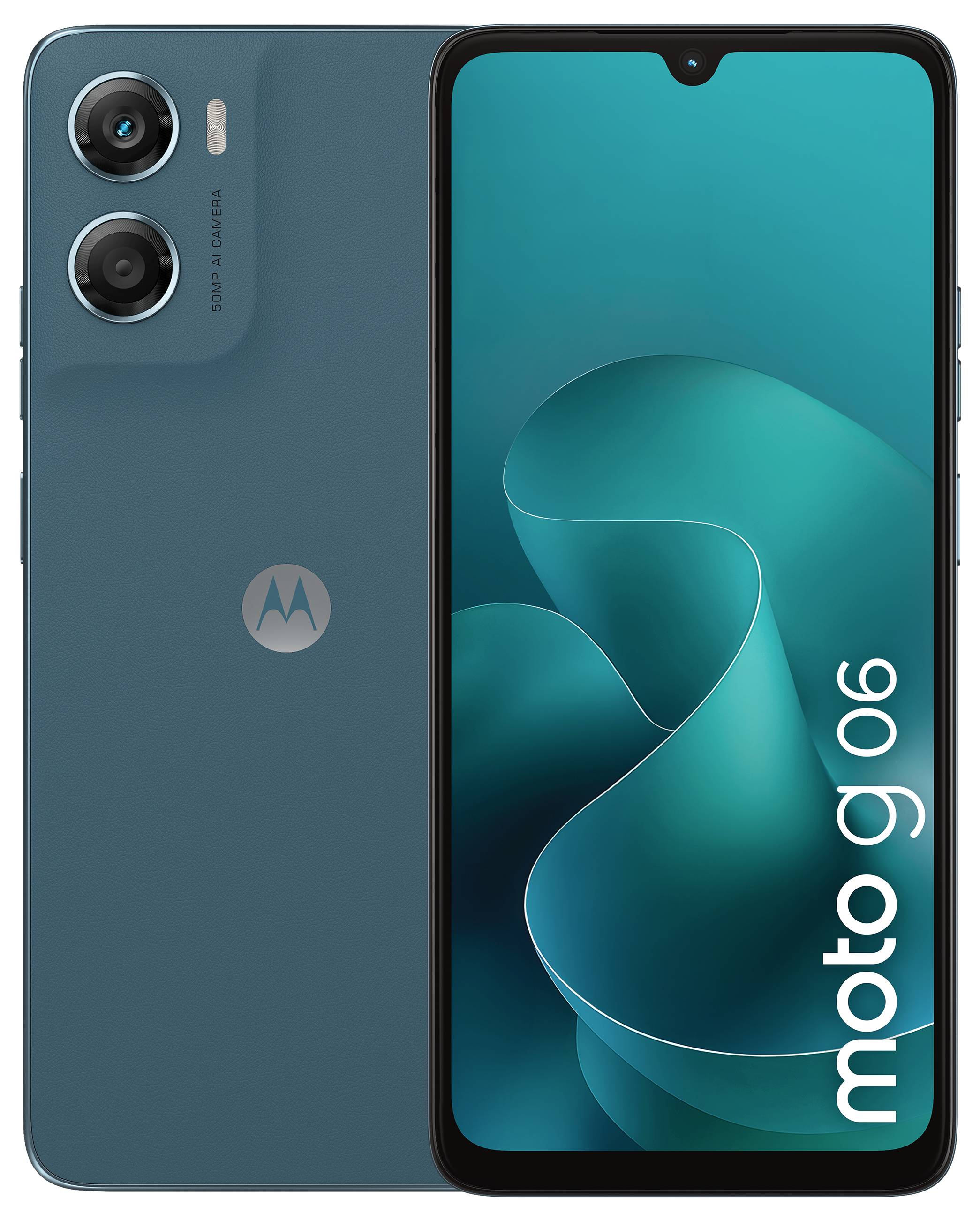Vorder- und Rückansicht eines türkisfarbenen Smartphones mit Dual-Kameras. Der Bildschirm zeigt abstrakte Formen und den Text "moto g 06".