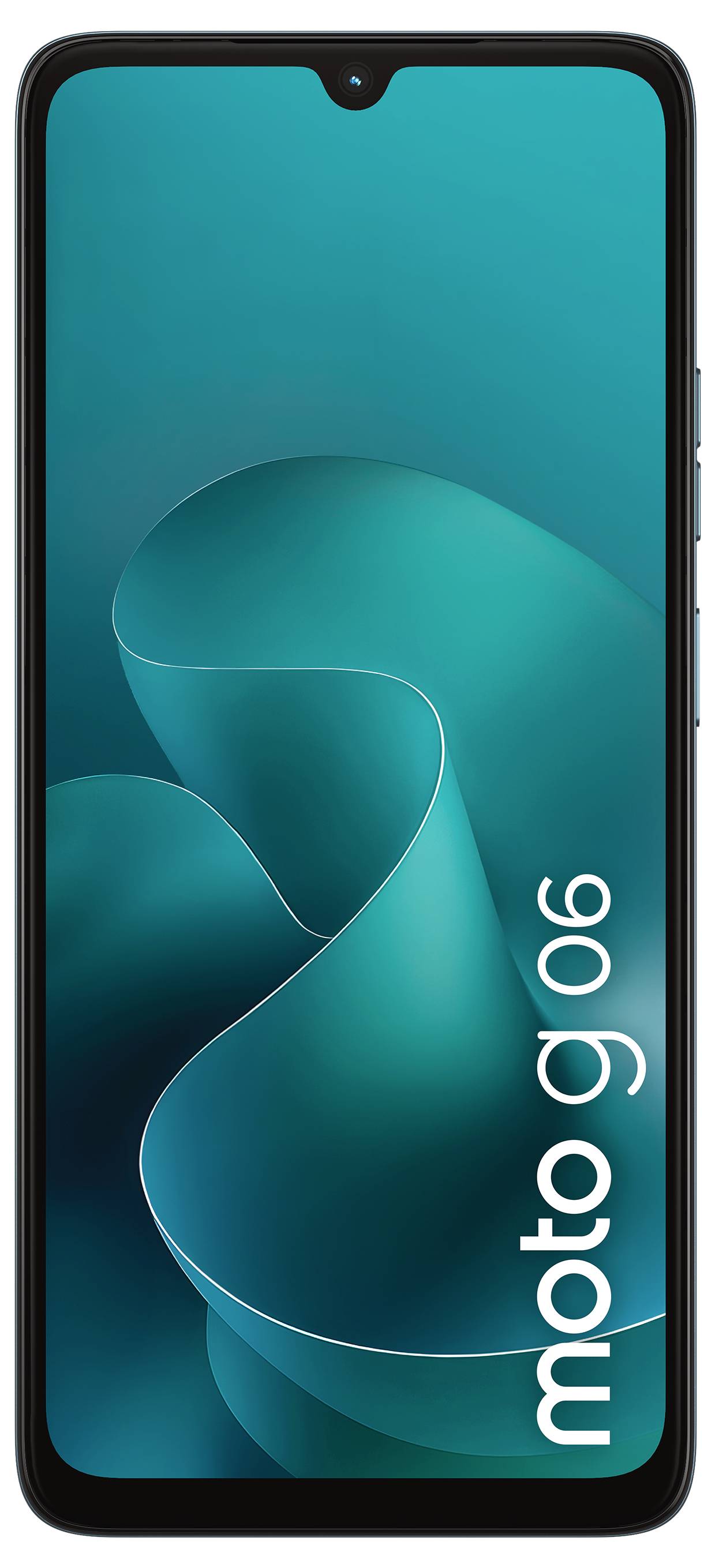 Vorderansicht eines Smartphones mit einem abstrakten türkisfarbenen Design auf dem Bildschirm und dem Text 'moto g06' auf der rechten Seite.